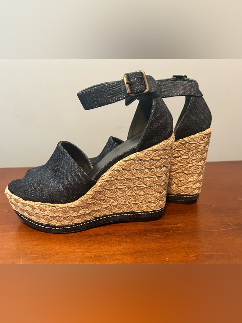Stuart Weitzman Sohojute Dark Denim Espadrille Ankle-Strap Wedge Sandals - Picture 5 of 15